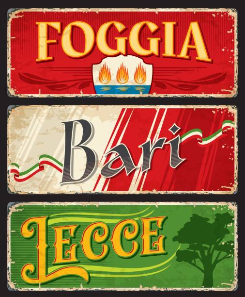 Foggia, Bari and Lecce italian cities stickers Foggia, Bari and Lecce italian cities travel stickers and plates. European travel retro sticker, vector tin sign. Italy city vintage postcards or plates with flags, vintage typography and Coat of Arms lecce stock illustrations