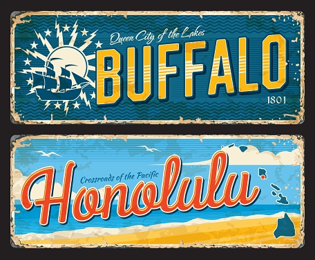 Buffalo, Honolulu american cities plates and travel stickers. American journey tin sign, USA city grungy vector stickers or souvenir postcards. United States city plates with city seal or flag symbol