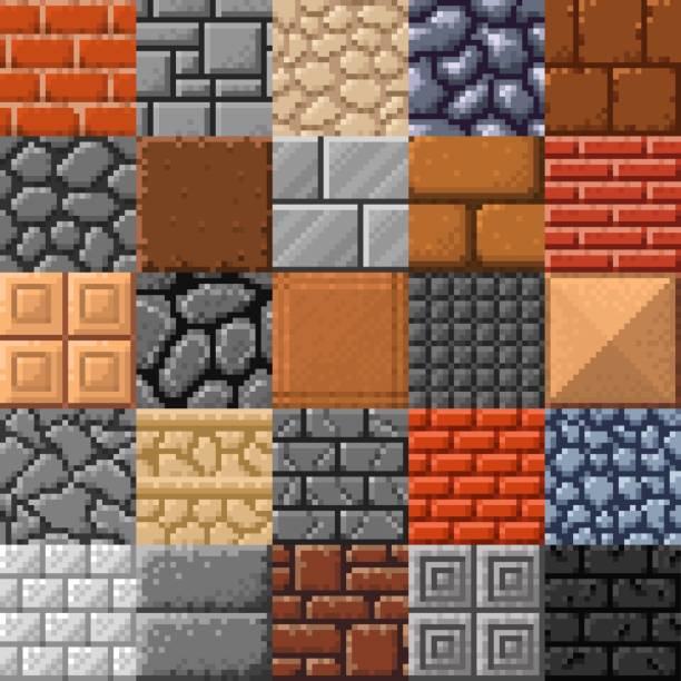 Tile, stone brick, porcelain stoneware 8bit pixel Tile, stone brick or porcelain stoneware and marble roof tiles, vector retro 8bit pixel art. Game surface pattern background of 8 bit pixel cubic brickwork, rock gravel or concrete wall blocks marble cartoons stock illustrations