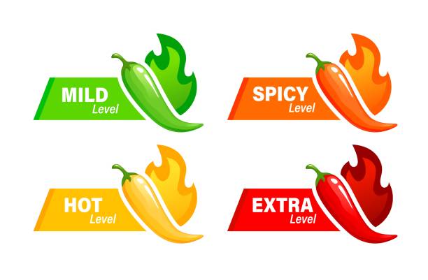 ilustrações de stock, clip art, desenhos animados e ícones de hot spicy level labels, spice food or sauce scale - chili pepper illustrations