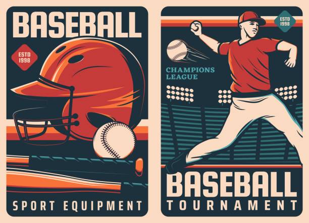 Baseball sport retro posters, balls, bats, player Baseball sport retro posters with vector balls and bats, pitcher player on base of diamond field and batter player uniform helmet. Baseball sport equipment and tournament match flyer baseball homerun stock illustrations