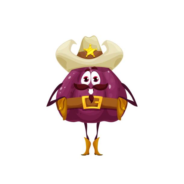 Cartoon fig sheriff character, Wild West police Cartoon fig sheriff character, vector fruit Wild West cowboy police officer. Funny fruit food emoji of fig Western policeman personage with cowboy hat, sheriff star badge, leather shoes and belt gun holster stock illustrations