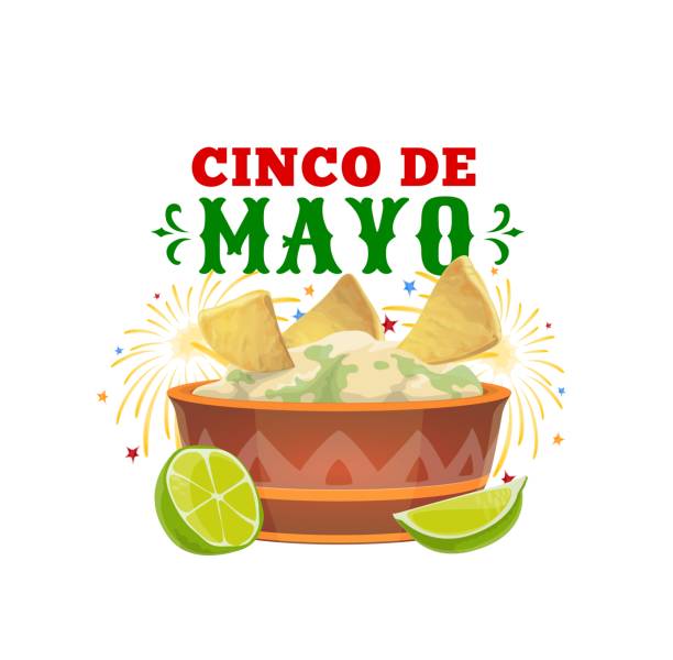 ilustraciones, imágenes clip art, dibujos animados e iconos de stock de fiesta del cinco de mayo, guacamole, nachos y lima - circa 5th century illustrations