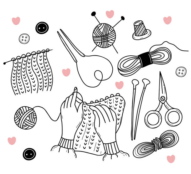 Vector Knitting Set Skein Of Woolen Yarn Hand Knitting Scissors Knitting  Needles Knitted Fabric Thimble Hand Drawn Doodle Elements Isolated For  Handicraft And Hobby Theme Design Stock Illustration - Download Image Now 