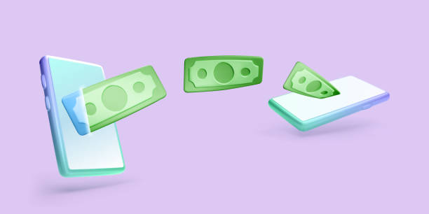 istock 3d mobile phone with flying paper currency. Online payment or transaction concept. Wireless financial management app 1392369588