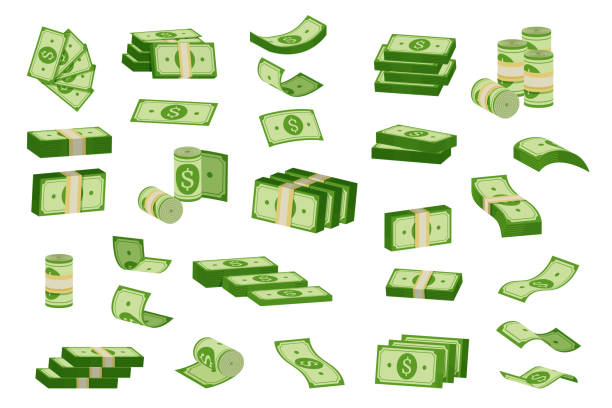 ilustraciones, imágenes clip art, dibujos animados e iconos de stock de pila de dinero. montones de dibujos animados de billetes verdes, paquetes de dinero en efectivo verde. conjunto de dinero vectorial - money roll