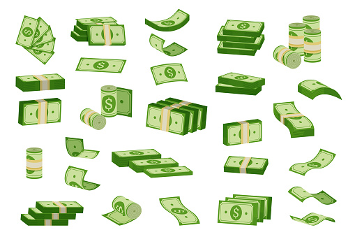 Stack of money. Cartoon piles of green banknotes, bundles of green cash. Vector money set illustration financial banknotes dollars various images