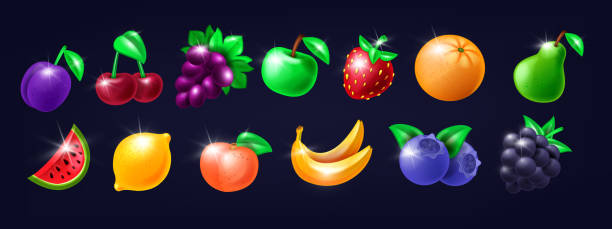 istock Casino slot fruit icon set, vector gambling machine item kit, lucky cherry, orange, shiny Vegas strawberry. 1392373517