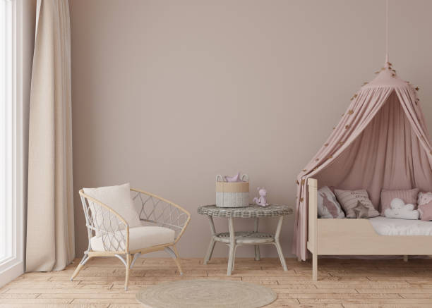 istock Empty light brown wall in modern child room. Mock up interior in scandinavian style. Free, copy space for your picture, poster. Bed, toys, rattan armchair. Cozy room for kids. 3D rendering. 1392374970
