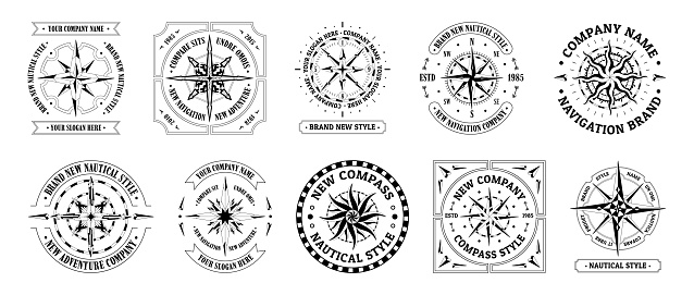 Compass vintage logo. Travel and explore cartography symbol, emblems with wind rose and direction arrows. Vector set pointer directions compass nautical direction