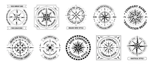 Vector illustration of Compass vintage logo. Travel and explore cartography symbol, emblems with wind rose and direction arrows. Vector set
