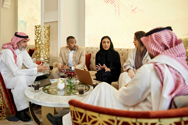 Business team meeting informally in Riyadh hotel stock photo