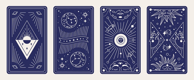 Tarot card deck. Magic esoteric posters with mystic astrology symbols, occult elements. Vector set illustrations banner mystical designs astrology