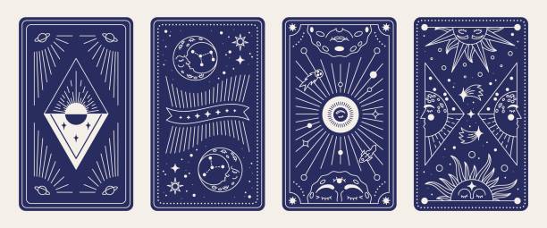 Tarot card deck. Magic esoteric posters with mystic astrology symbols, occult elements. Vector set Tarot card deck. Magic esoteric posters with mystic astrology symbols, occult elements. Vector set illustrations banner mystical designs astrology tarot cards stock illustrations