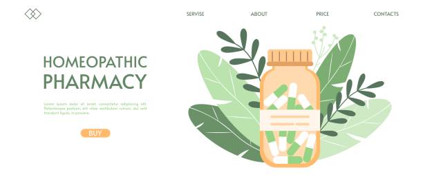 ilustrações de stock, clip art, desenhos animados e ícones de homeopathic pills. alternative medicine. homeopathic treatment and phytotherapy concept. herbal capsules in bottle against background of leaves. homeopathic pharmacy. landing page template. - suplemento nutricional