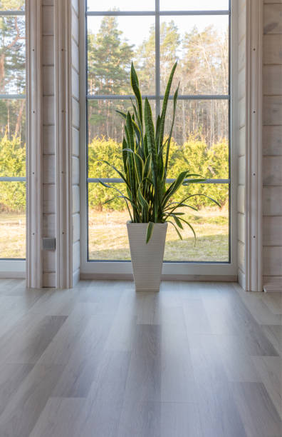 istock Bright photo studio interior with big window, high ceiling, white wooden floor 1392376386