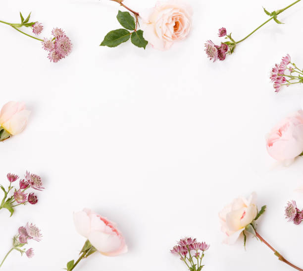 istock Festive flower composition on the white background. Overhead view 1392376402