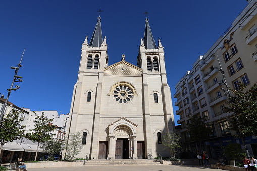 The church of Saint Louis, built in the 19th century and neo-Romanesque style, seen from the outside, city of Vichy, department of Allier, France