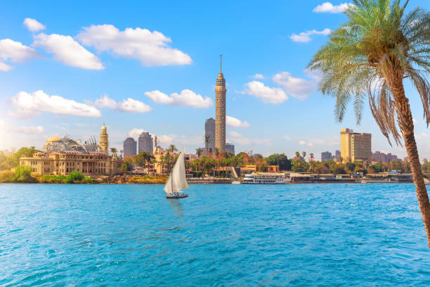 Cairo downtown, view on Gezira Island in the Nile and sailboat, Egypt, Africa stock photo