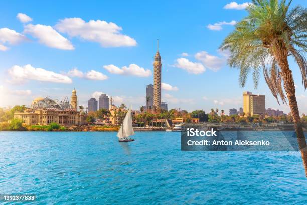 Cairo Downtown View On Gezira Island In The Nile And Sailboat Egypt Africa Stock Photo - Download Image Now
