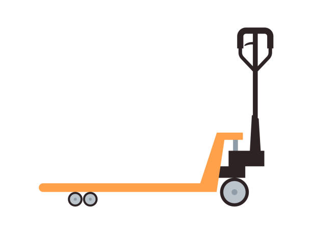 Loader of boxes and containers for warehouse, flat vector illustration isolated. Loader of boxes and containers for a warehouse or storehouse. Warehouse mechanized loader trolley, cartoon flat vector illustration isolated on white background. pallet jack handle stock illustrations