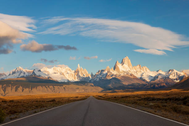 View of road to Fitz Roy in Patagonia Argentina, Patagonia - Argentina, Chalten, Mt Fitzroy, Road fitzroy range stock pictures, royalty-free photos & images