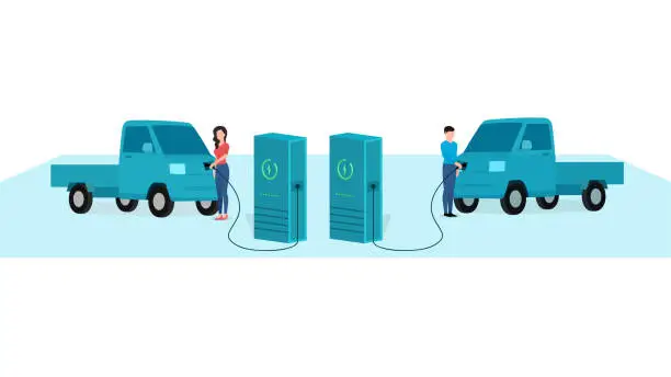 Vector illustration of man and woman charging delivery tempo at electric vehicle charging station, vehicle at EV charge Point, business character vector illustration on white background.
