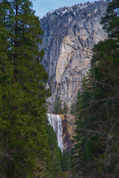 Close-up of Vernal Falls dwarfed by granite in Yosemite National Park