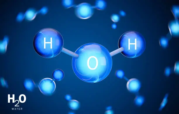 3D model of water (H2O) molecule. Two atoms of hydrogen and one atom of oxygen. 3D rendering.