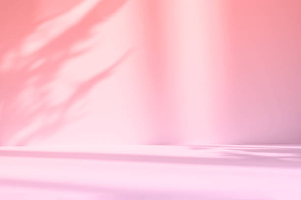 istock Abstract pink studio background for product presentation. Empty room with shadows of window and flowers and palm leaves . 3d room with copy space. Summer concert. Blurred backdrop. 1392386328