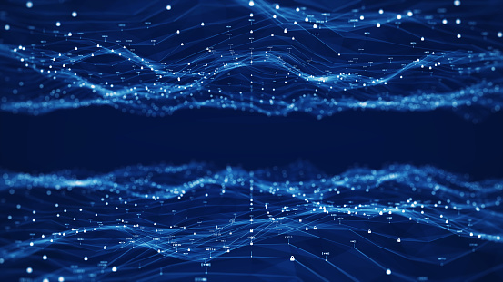 Internet cybersecurity technology concept and protection of big data networks. A small padlock binary code polygon acts as a network connector on top and bottom with a dark blue background.