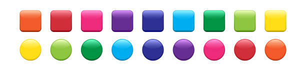 przycisk wektorowy, błyszcząca kolorowa ikona, błyszczący kwadrat i okrąg. ilustracja gradientu gry kreskówkowej - przycisk stock illustrations