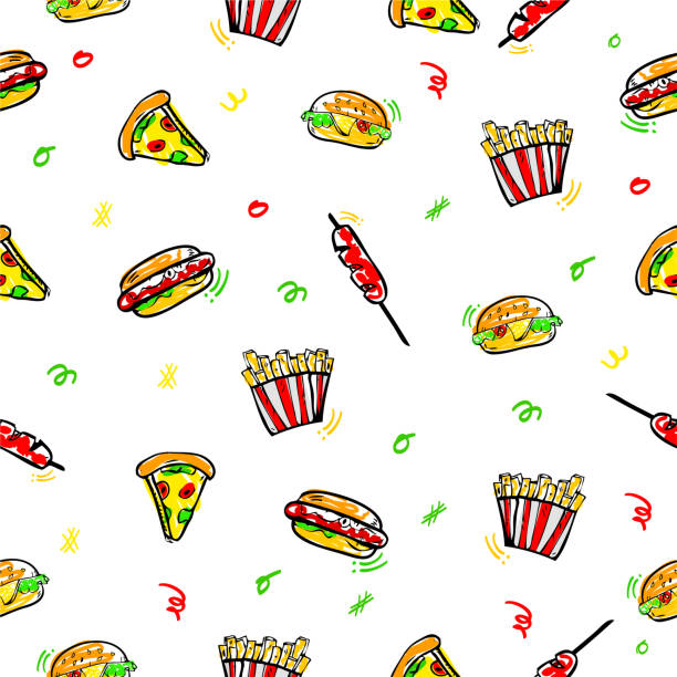 Simple Vector Seamless Hand Draw Sketch Background Vector Junk Food, Burger, Hotdog, Sausage, French, Fries, and Pizza with scribble yellow vector art illustration