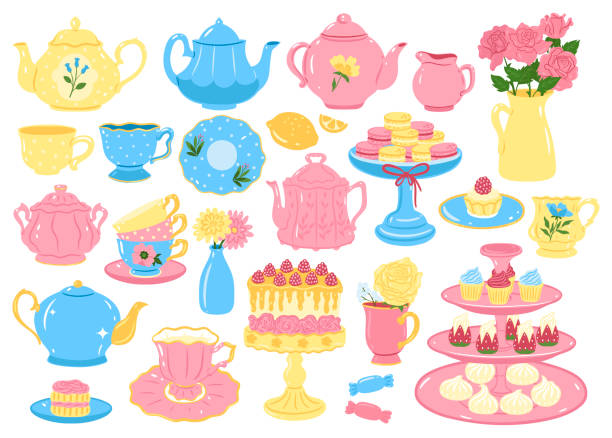 A set of items for tea drinking isolated on a white background. Vector graphics. A set of items for tea drinking isolated on a white background. Vector image. tea cup and saucer stock illustrations