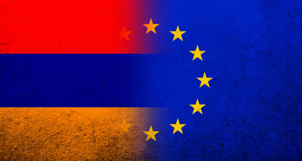 flag of the european union with republic of armenia  national flag . grunge background - ermeni bayrağı stock illustrations