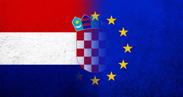 illustrazioni stock, clip art, cartoni animati e icone di tendenza di bandiera dell'unione europea con bandiera nazionale della repubblica di croazia. sfondo grunge - croazia