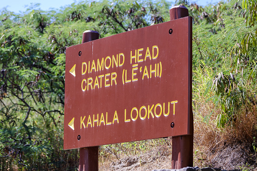 Diamond Head, Oahu - March 28, 2022: Signs noting Diamond Head State Monument on Oahu