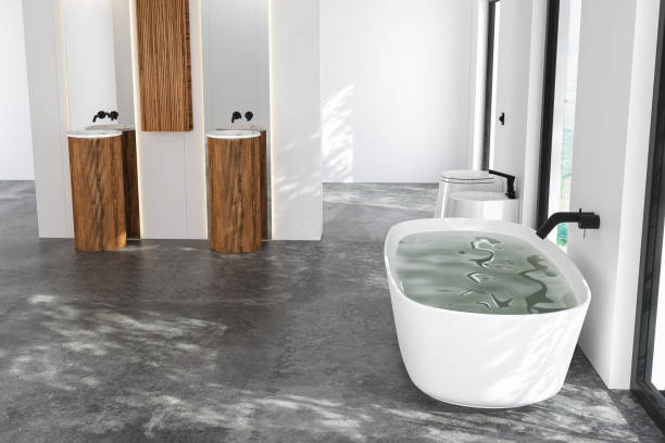istock op view of modern bathroom with white walls, 1392392723