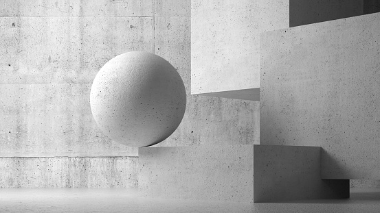 Abstract interior background, concrete room with geometric installation of cubes and sphere, minimal architecture, 3d rendering illustration