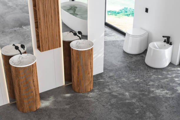 istock Top view of modern bathroom with white walls 1392394151