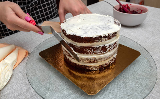 istock Women's hands with the help of kitchen spatula touch sponge cake. Close-up. Selective focus. Picture for articles about food, cooking, confectioners. 1392395401