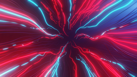 Red and blue neon lightning 3d illustration. Retrowave background of infinite tunnel