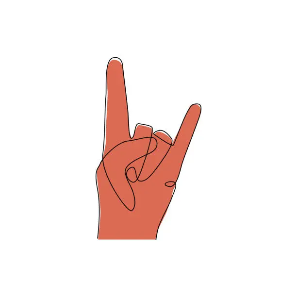 Vector illustration of the hand gesture in the style of rock and roll is drawn in one line. vector illustration