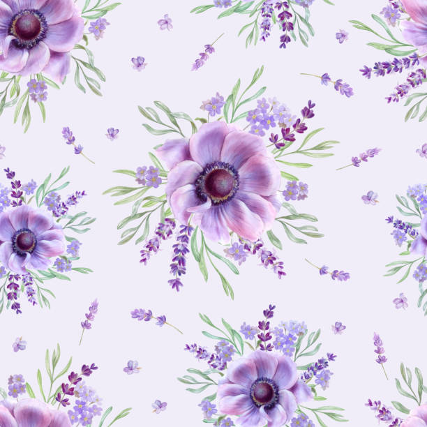 Pattern with pale lilac lavender flowers and anemone, watercolor illustration Pattern with pale lilac lavender flowers and anemone, watercolor illustration lavender lavender coloured bouquet flower stock illustrations