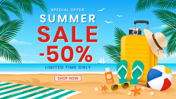 ilustrações de stock, clip art, desenhos animados e ícones de summer sale vector illustration with 50% off discount text. summer beach elements. - sunglasses luggage vector hat