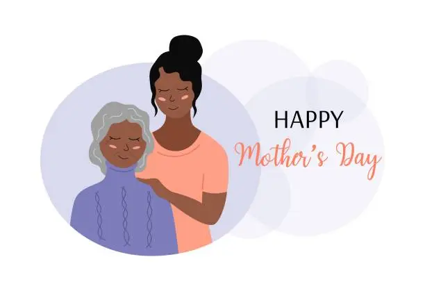 Vector illustration of Happy Mothers Day greeting card. Elderly woman and adult daughter together. Smiling female family. Vector flat illustration. Mothers day holiday poster
