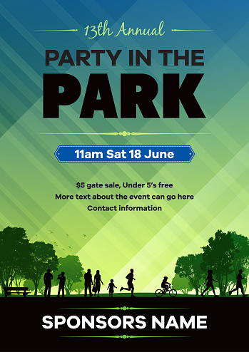 Poster for a party in the park with people and trees