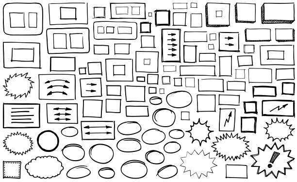 Black pen marker shapes Black paint marker grunge square, rectangle boxes and bubble shapes vector illustration comic book outline stock illustrations
