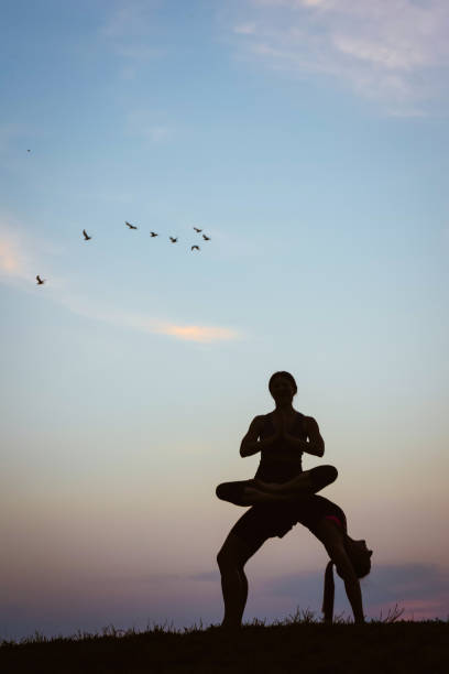 Full length shot of a two unrecognizable and athletic young woman practicing acro-yoga outside at sunset