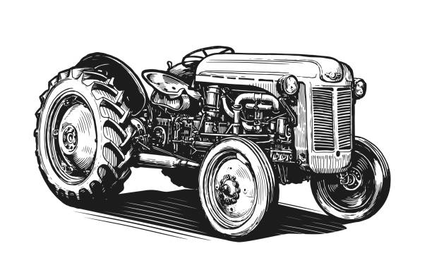 ilustrações de stock, clip art, desenhos animados e ícones de retro farm agricultural tractor, sketch. hand drawn vintage vector illustration - tractor agricultural machinery agriculture commercial land vehicle